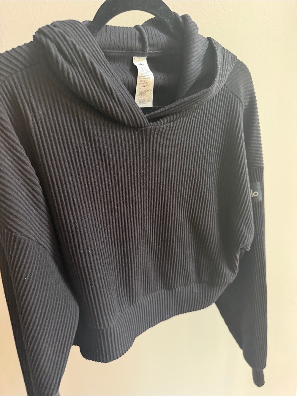 ALO Yoga Black Ribbed Cowl-Neck Cropped Sweater